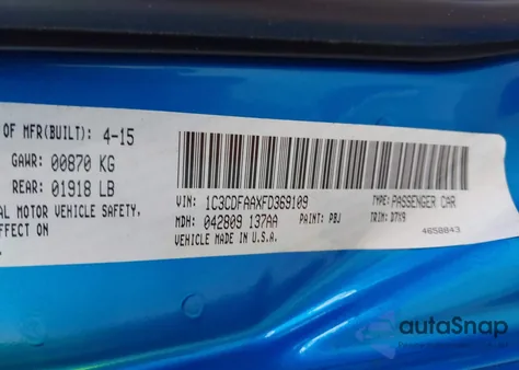 2015 Dodge Dart Se from USA, damaged, VIN 1C3CDFAAXFD369109